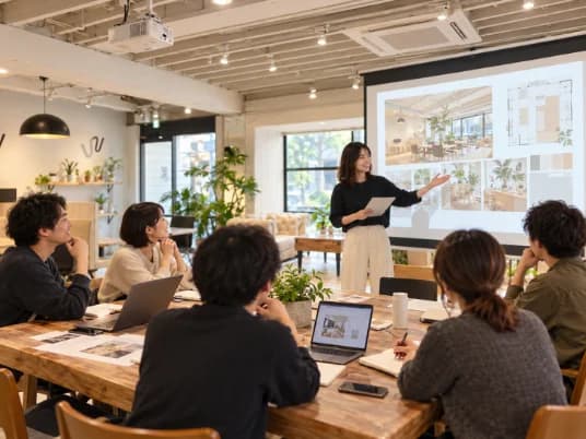 スクリーンの前で資料を示す人と、テーブルで聞く人たち