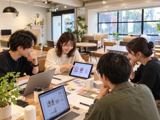 タブレットやノートPCを囲んで話し合う4人