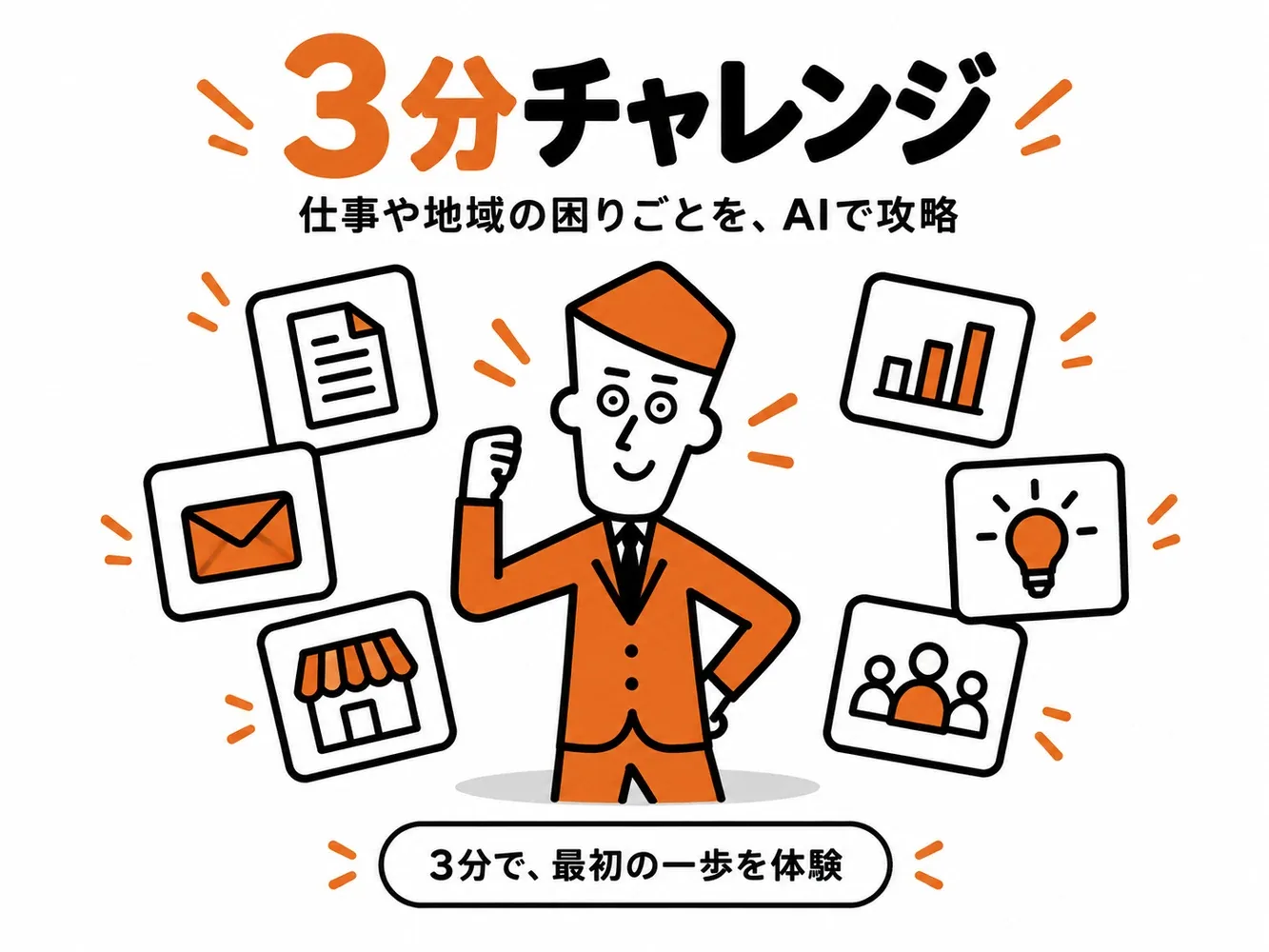 案内人のまわりに、文書・メール・店舗・グラフ・アイデア・仲間のアイコンが並ぶ「3分チャレンジ」の扉絵