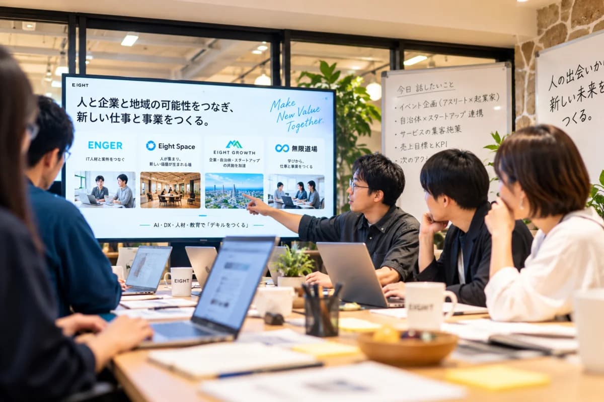チームで課題を議論し、AIを活用してサービスを考えるイメージ
